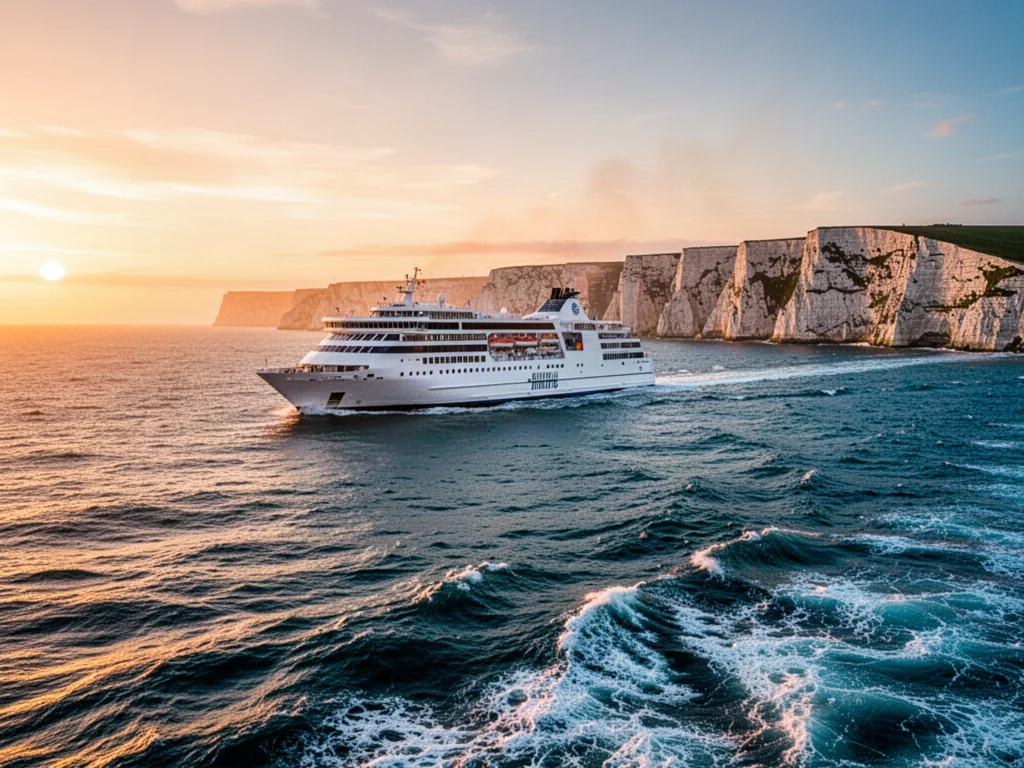 Nowoczesny prom płynący przez kanał La Manche na tle białych klifów Dover podczas malowniczego zachodu słońca.