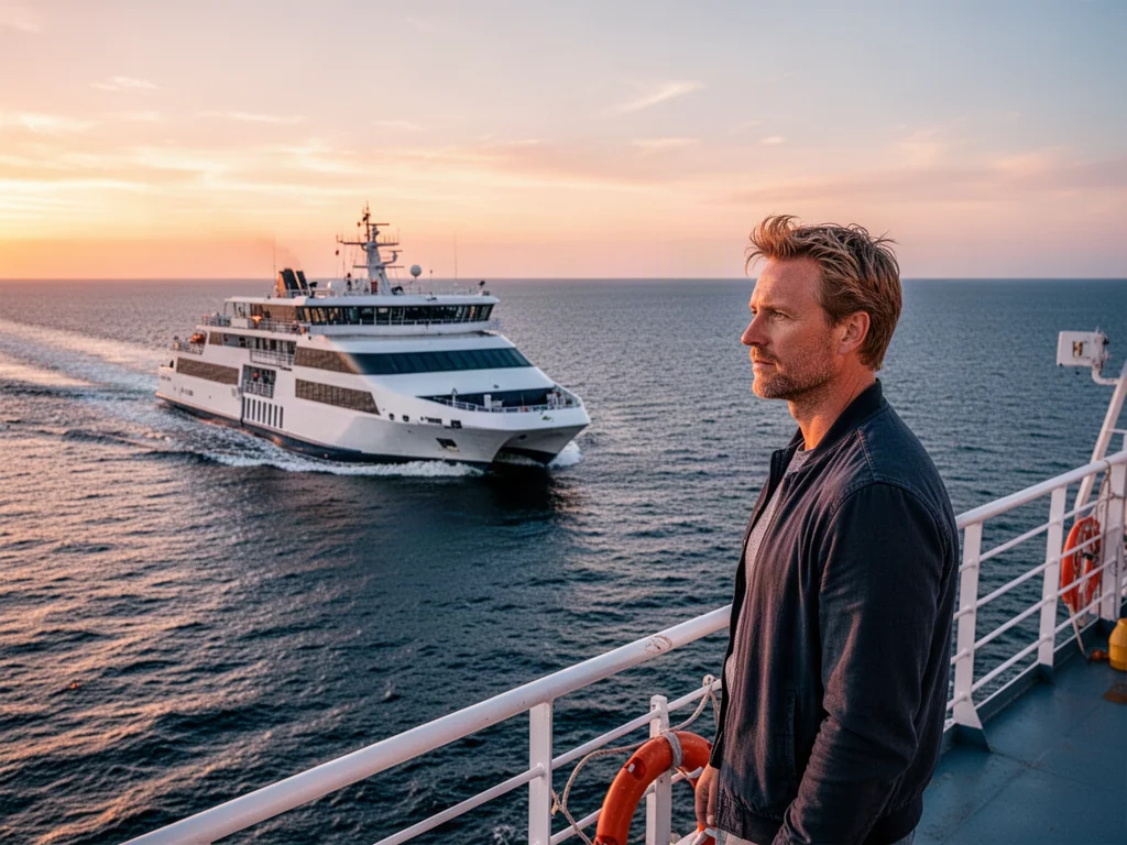 Nowoczesny prom Polferries płynący po Bałtyku o zachodzie słońca z pasażerem podziwiającym widoki z pokładu.