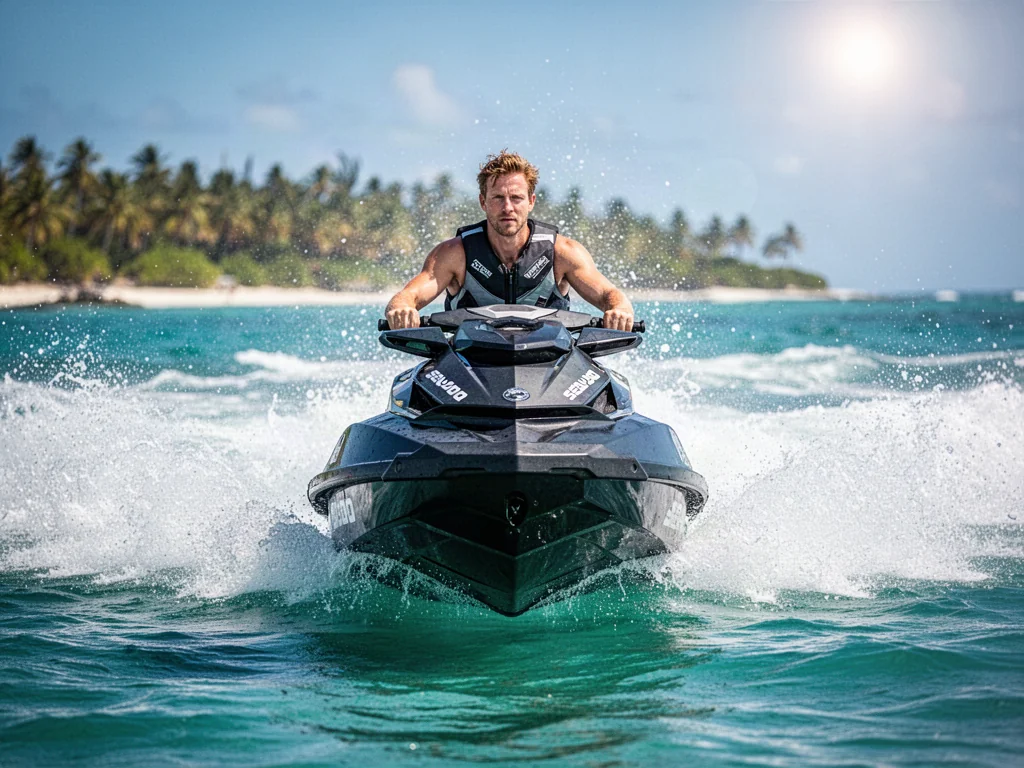 Mężczyzna prowadzący skuter wodny Sea-Doo, płynący szybko przez turkusowe fale w słoneczny dzień.