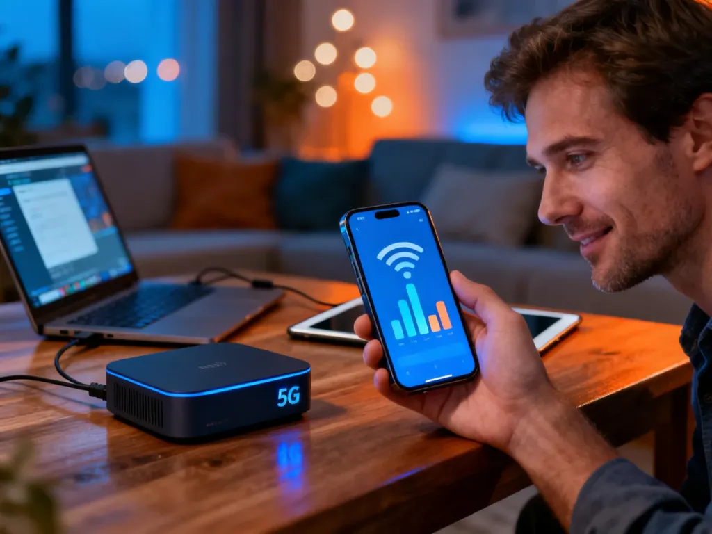 Smartfon z pełnym zasięgiem obok routera 5G na stole, w tle domowe urządzenia korzystające z internetu bez limitu