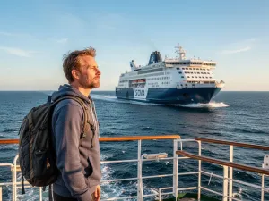 Uśmiechnięta kobieta z mapą na pokładzie luksusowego wycieczkowca podczas zachodu słońca nad oceanem.