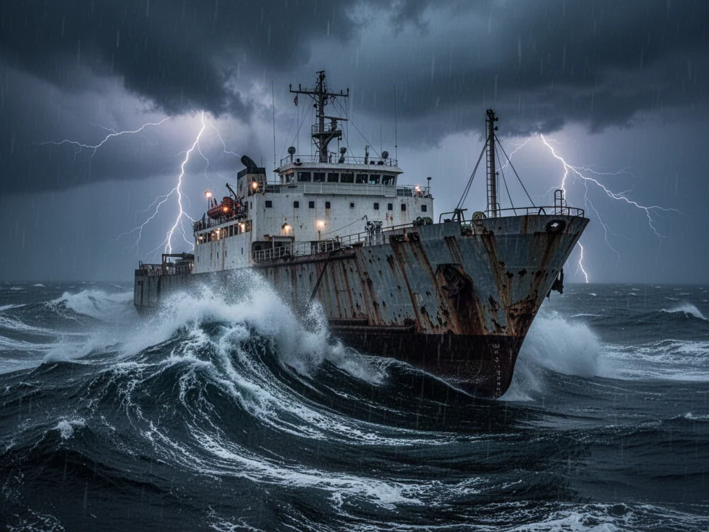 Prom Heweliusz walczący z ogromnymi falami podczas nocnego sztormu na wzburzonym morzu.