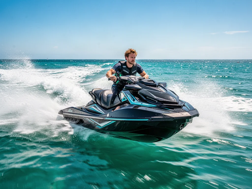Mężczyzna prowadzący skuter wodny Yamaha z dużą prędkością po turkusowych falach oceanu w słoneczny dzień.