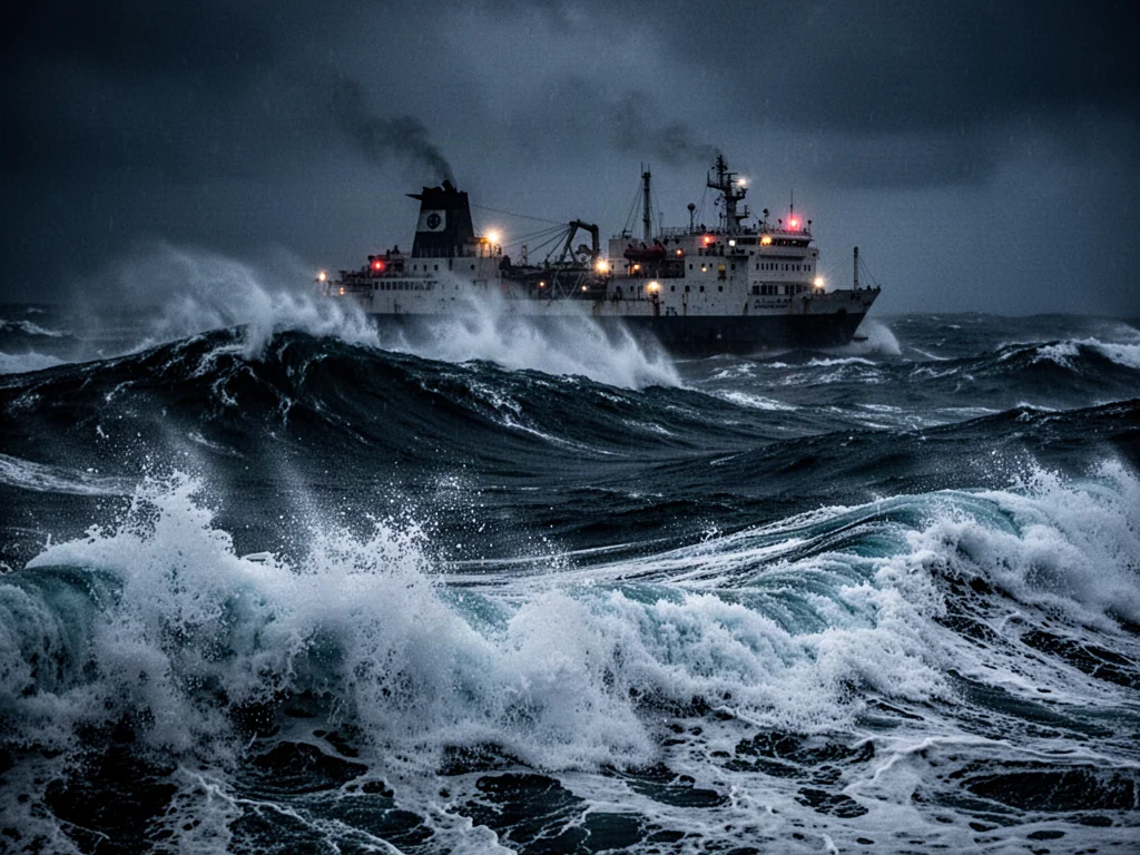 Promowy prom Heweliusz walczący z potężnymi falami podczas nocnego sztormu na wzburzonym morzu.
